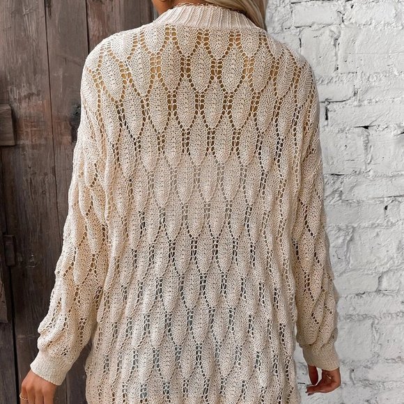 Apricot Casual Womens Pointelle Knit Drop Shoulder Duster Cardigan - Picture 2 of 5